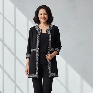 Ming Wang Black Knit Longline Cardigan White Embroidered Trim Size M